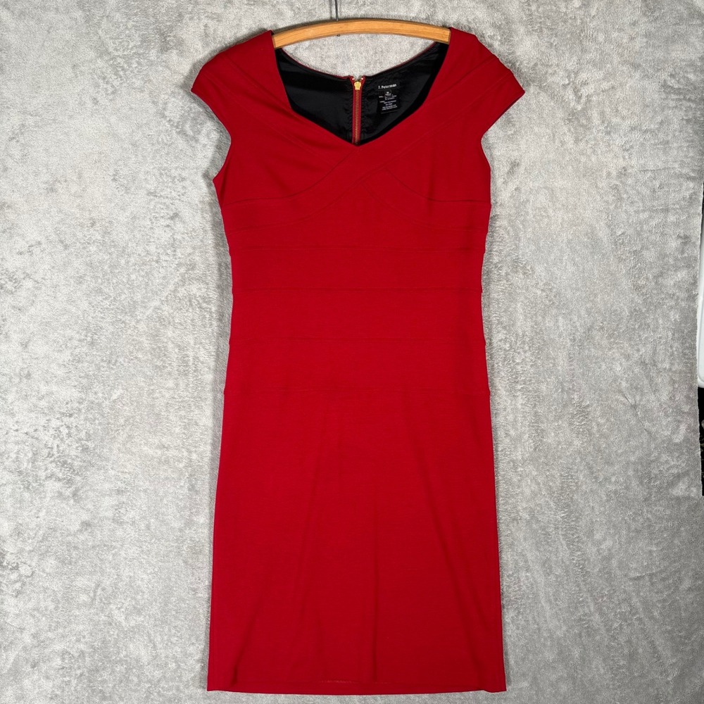J Peterman Womens Red Bandage Bodycon Sheath Dress Cap Sleeve V-Neck Size 10